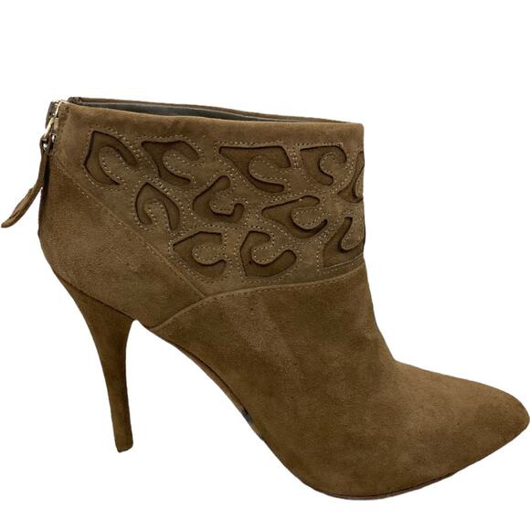 Rebecca Taylor suede ankle booties tan leather high heel, laser cut leopard cuff - Picture 10 of 10